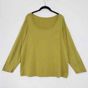 Vintage Fashion Bug Scoop Neck Long Sleeve Pocket Tee Womens 1X Green Chartreuse
